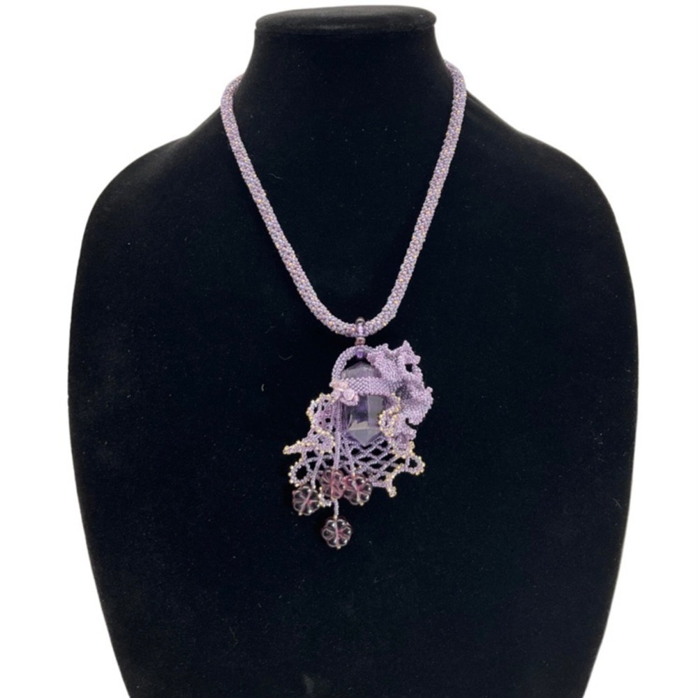 Purple‎ Beaded Necklace with Large Amethyst Pendant